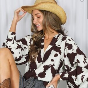 Dark BrownV- NECK Cow Print Women's Blouse with Puffy Sleeves Medium